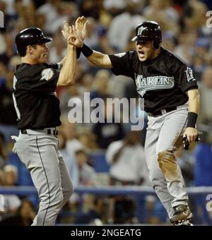 Florida Marlins Jeff Conine(18) celebrates with teammates after scoring in  the 5th inning against the New York Yankees in game 5 of the 2003 MLB World  Series, at Pro Player Stadium, Miami