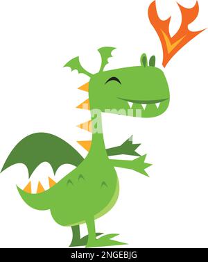 A cartoon vector illustration of a cute green dragon breathing fire. Stock Vector