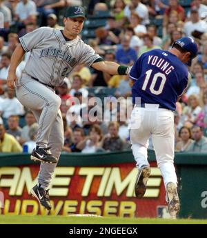 Tampa By Devil Rays' Tino Martinez heads to first base after hitting a  single to drive in the game-winning run off Cleveland Indians pitcher David  Riske in the 10th inning Sunday afternoon, May 23, 2004, at Tropican Field  in St. Petersburg, Fla. The De