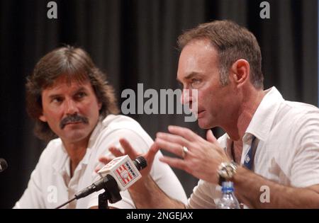 Dennis Eckersley, left, and Paul Molitor, the National Baseball Hall of  Fame's newest inductees, face each other at a New York news conference  Wednesday Jan. 7, 2004. Near the end of their