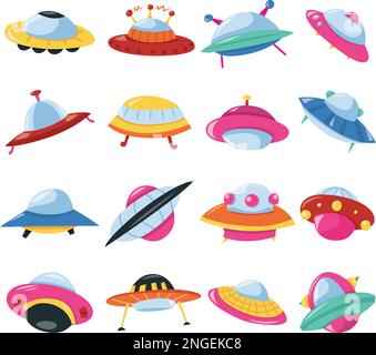 A cartoon vector illustration of various colorful UFOs or flying saucers. Stock Vector