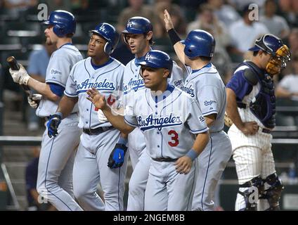 Adrian Beltre of the Los Angeles Dodgers bats during a 2002 MLB season game  at Dodger Stadium, in Los Angeles, California. (Larry Goren/Four Seam Images  via AP Images Stock Photo - Alamy