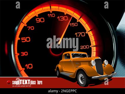 Vector 3d  illustration of a speedometer and rarity car image. Odometer Stock Vector