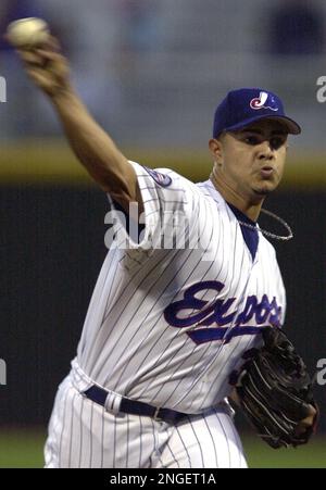 Tony Armas, Jr. of the Montreal Expos during a 2002 MLB season game against  the Los Angeles Dodgers at Dodger Stadium, in Los Angeles, California.  (Larry Goren/Four Seam Images via AP Images