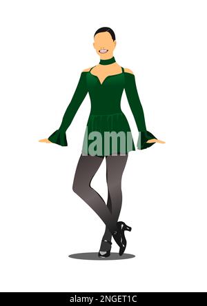 Beautiful woman in green dress for Irish dance jumping isolated on white. Riverdance.  3d color vector illustration Stock Vector