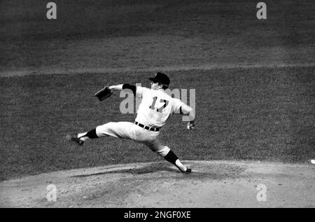 Detroit Tigers pitcher Denny McLain in his pitching motion as he worked in  8th inning of game with the N.Y. Yankees in Detroit on Sept. 20, 1968.  McLain picked up his 31st