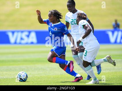 Auckland, New Zealand. 18th Feb, 2023. Melchie Dumonay (L) of Haiti competes during a play-off tournament match between Senegal and Haiti of the FIFA Women's World Cup Australia and New Zealand 2023 (FWWC 2023) at the North Harbour Stadium in Auckland, New Zealand, Feb. 18, 2023. Credit: Guo Lei/Xinhua/Alamy Live News Stock Photo