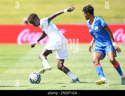 Auckland, New Zealand. 18th Feb, 2023. Mareme Babou (L) of Senegal competes during a play-off tournament match between Senegal and Haiti of the FIFA Women's World Cup Australia and New Zealand 2023 (FWWC 2023) at the North Harbour Stadium in Auckland, New Zealand, Feb. 18, 2023. Credit: Guo Lei/Xinhua/Alamy Live News Stock Photo