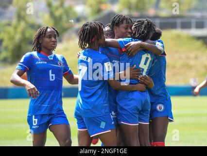 Auckland, New Zealand. 18th Feb, 2023. Players of Haiti celebrate a goal during a play-off tournament match between Senegal and Haiti of the FIFA Women's World Cup Australia and New Zealand 2023 (FWWC 2023) at the North Harbour Stadium in Auckland, New Zealand, Feb. 18, 2023. Credit: Guo Lei/Xinhua/Alamy Live News Stock Photo