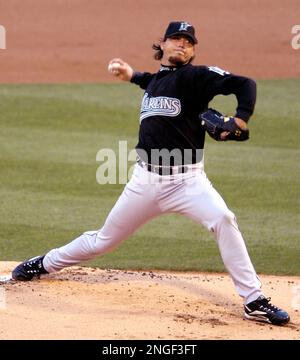 Josh Beckett of the Florida Marlins pitches during a 2002 MLB season game  against the Los Angeles Dodgers at Dodger Stadium, in Los Angeles,  California. (Larry Goren/Four Seam Images via AP Images