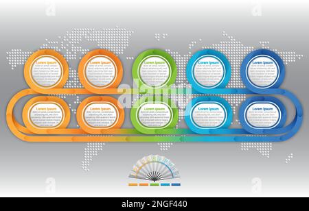 Ten steps are displayed in the infographic. It is utilized to process or organize actions for conceptualization, comparative processes for development Stock Vector