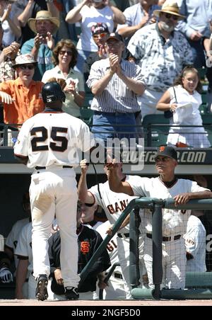 Bobby Bonds (25) of the San Francisco Giants is greeted by