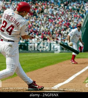 The Philadelphia Phillies Mike Lieberthal (24) comes in to score and is  congratulated by Philadelphia Phillies Pat Burrell after hitting a two run  home run in the fourth inning against the Washington Nationals Tony Armas  on August 29, 2006 at RFK Stadi