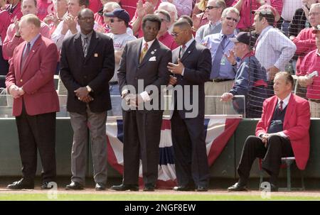 St. Louis Cardinals - Hall of Famers Bruce Sutter, Bob Gibson, Red  Schoendienst, Whitey Herzog, Stan Musial, Lou Brock, and Ozzie Smith pose  during the 2012 Opening Day ceremony.