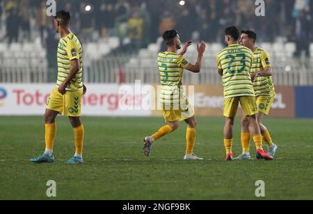 Algiers. 18th Feb, 2023. JS Kabylie's players celebrate after scoring during the CAF Champions League 2023 football match between JS Kabylie of Algeria and Wydad Casablanca of Morocco in Algiers, Algeria, Feb. 17, 2023. Credit: Xinhua/Alamy Live News Stock Photo