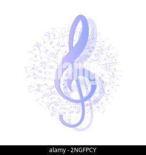 Luxury blue pink Treble Clef on flying notes. Beautiful musical notation symphony for banner of festival, print design, melody recording, design back Stock Vector