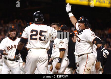 San Francisco Giants' Andres Galarraga is knocked off his feet