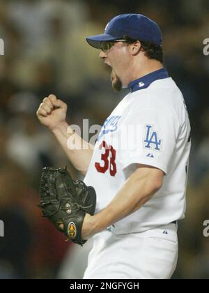 Los Angeles Dodgers Eric Gagne pumps his fist after what he