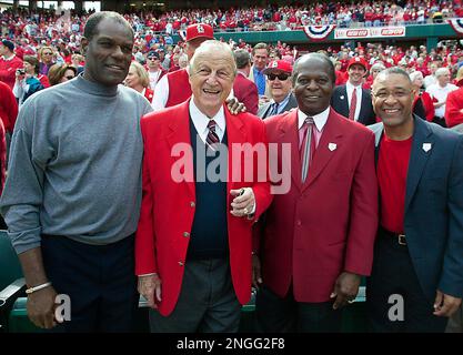 St. Louis Cardinals - Hall of Famers Bruce Sutter, Bob Gibson, Red  Schoendienst, Whitey Herzog, Stan Musial, Lou Brock, and Ozzie Smith pose  during the 2012 Opening Day ceremony.
