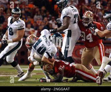 Philadelphia Eagles quarterback Koy Detmer, left, runs a passing drill with  fellow quarterback, A.J. Feeley, right, during the team's mini-camp  Wednesday, May, 28, 2003, in Philadelphia. (AP Photo/Brad C Bower Stock  Photo 