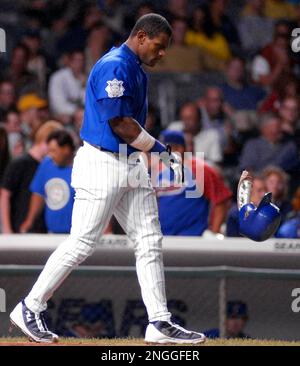 Moises Alou of the Chicago Cubs before a 2002 MLB season game against the  Los Angeles Dodgers at Dodger Stadium, in Los Angeles, California. (Larry  Goren/Four Seam Images via AP Images Stock