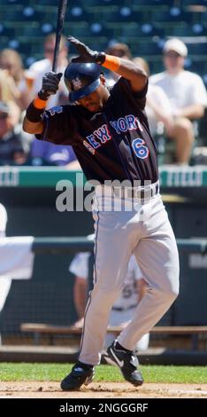 Gary Sheffield of the Atlanta Braves before a 2002 MLB season game against  the Los Angeles Dodgers at Dodger Stadium, in Los Angeles, California.  (Larry Goren/Four Seam Images via AP Images Stock