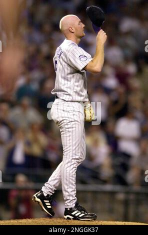 Arizona Diamondbacks' Mark Grace reacts to a called third strike during the  seventh inning against the St. Louis Cardinals Wednesday, April 17, 2002 at  Bank One Ballpark in Phoenix. The Cardinals won