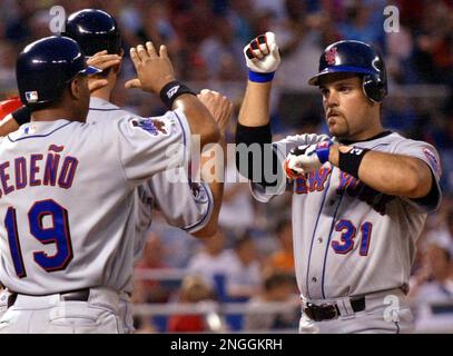 Roberto Alomar of the New York Mets during a 2002 MLB season game against  the Los Angeles Dodgers at Dodger Stadium, in Los Angeles, California.  (Larry Goren/Four Seam Images via AP Images