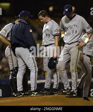 Atlanta Braves' Gary Sheffield hits an RBI single in the fourth inning off  Milwaukee Brewers pitcher Glendon Rusch on Thursday, Aug. 1, 2002, in  Atlanta. (AP Photo/Erik S. Lesser Stock Photo - Alamy