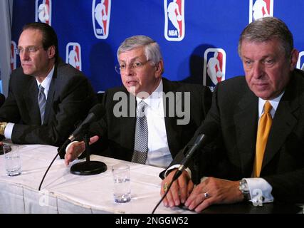 Russ Granik, deputy commissioner of the NBA, left, and Washington Wizards  owner Abe Pollin, right, announce during a news conference at the MCI  Center in Washington, Saturday, Dec. 4, 1999, that the