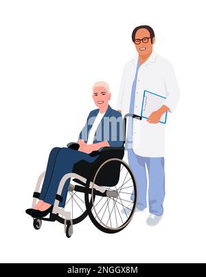 Doctor with patient in wheelchair vector isolated. Stock Vector