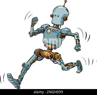 The robot runs along the red carpet. Leader Hero Stock Vector