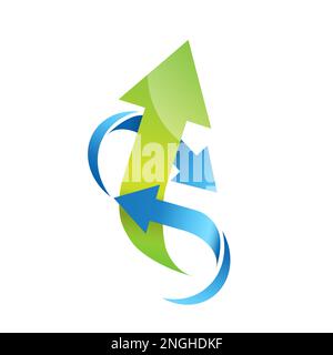 Green energy coming out of wind, done with an arrow in a vortex of air. Vector logo for wind eniergy. 2050 net zero emissions Stock Vector