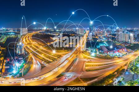 Smart city and wireless communication network concept. Digital network connection lines Stock Photo