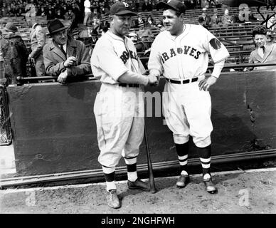Otto Miller, left, of the Brooklyn Dodgers, and Babe Ruth, of the