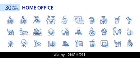 30 working or studying from home pixel perfect line art icons. Home office, remote workplace, freelance Stock Vector