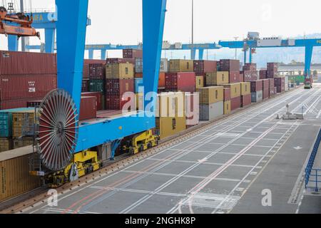 Haifa, Israel - October 11, 2021: An empty road at the container terminal in the port. Stock Photo