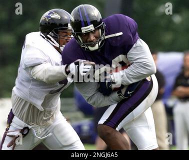 Baltimore Ravens tight end Shannon Sharpe stretches before the start of  practice at the team's training facility in Owings Mills, Md., Thursday,  Jan. 17, 2002. Three Super Bowl rings and an NFL-record