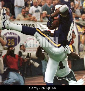 Oct. 17, 2010 - Minneapolis, Minnesota, United States of America -  Minnesota Vikings wide receiver Randy Moss #84 makes a catch during  warm-ups before the game against the Dallas Cowboys at Mall of America  Field. (Credit Image: © Marilyn Indahl