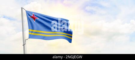 Aruba flag waving on sky background. 3D Rendering Stock Photo