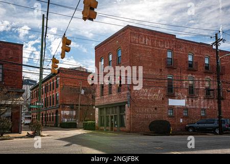 Montgomery, Alabama, USA-February 7, 2023: Historic brick buildings on North Court Street in downtown Montgomery most of which were built circa 1900-1 Stock Photo