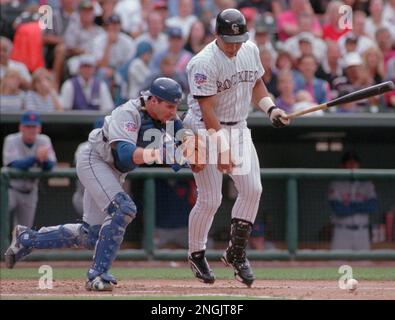 Colorado Rockies Andres Galarraga, left, and Toronto Blue Jays John Olerud  pose during All-Star game workouts, July 12, 1993 in Baltimore. The two are  leading their respective leagues in batting averages at