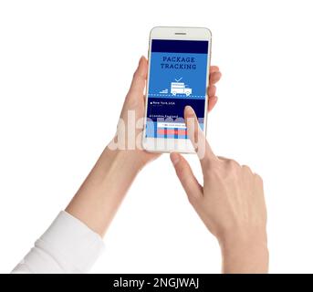 Woman tracking parcel via smartphone on white background, closeup Stock Photo