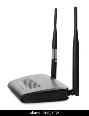 New stylish Wi-Fi router on black textured table. Space for text Stock ...