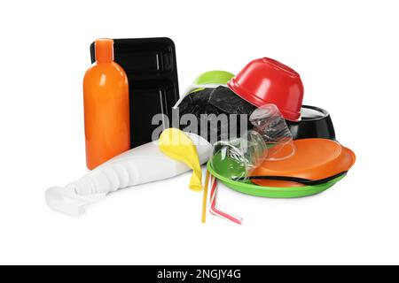 Pile of different plastic items on white background Stock Photo