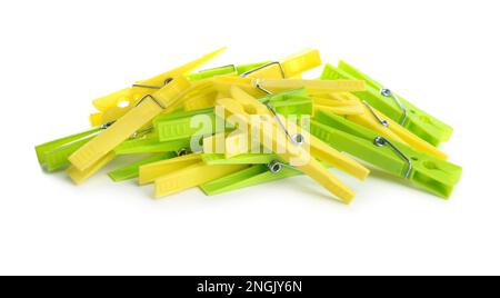Many colorful plastic clothespins on white background Stock Photo