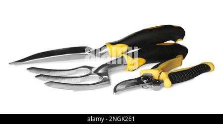 Trowel, pruning shears and pitchfork on white background. Gardening tools Stock Photo