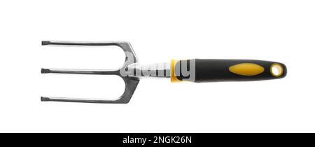 Modern pitchfork isolated on white, top view. Gardening tool Stock Photo