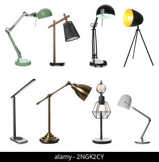 Set with different stylish table lamps on white background Stock Photo