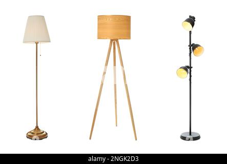 Set with different stylish floor lamps on white background Stock Photo
